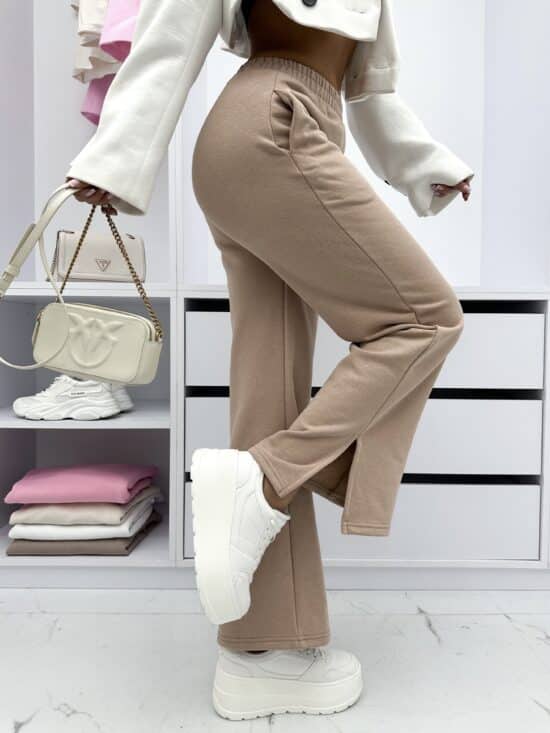 Spodnie Dresowe Z Rozcięciem Wide Leg Beżowe Firello (4)