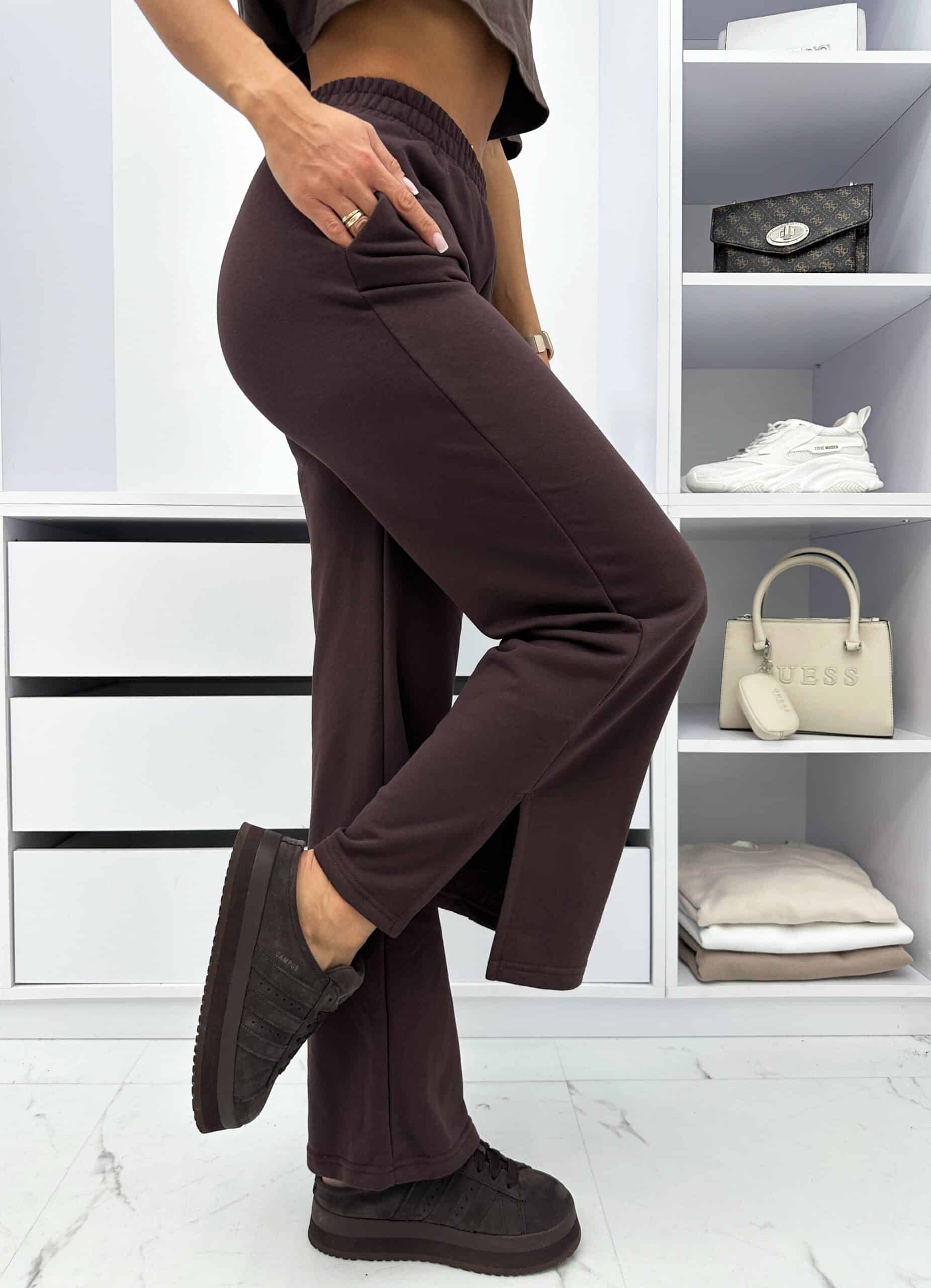 Spodnie dresowe z rozcięciem wide leg czekoladowe FIRELLO (1)