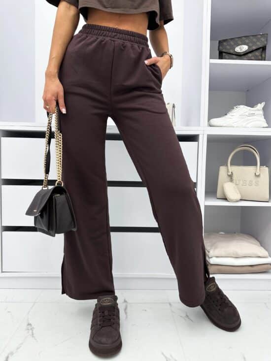 Spodnie Dresowe Z Rozcięciem Wide Leg Czekoladowe Firello (2)