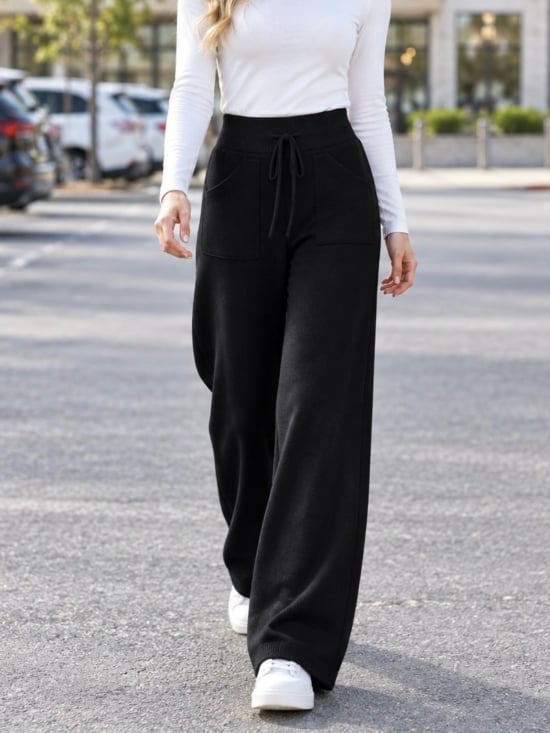 Spodnie Sweterkowe Wide Leg Czarne Reinne (3)